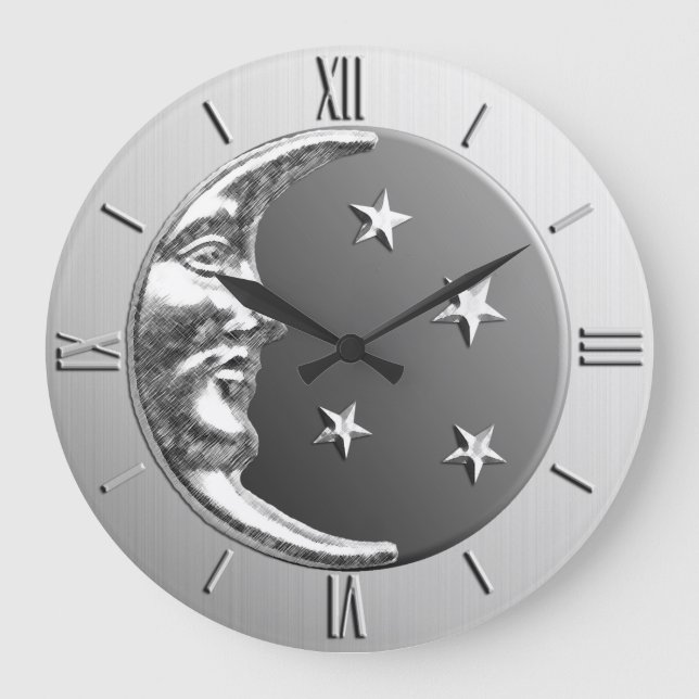 Art Deco Moon and Stars - Grey / Gray and Silver Large Clock (Front)