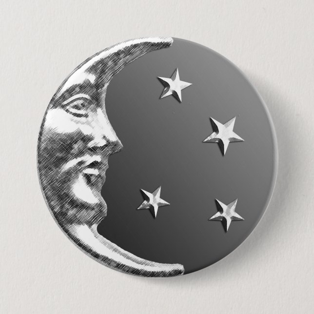 Art Deco Moon and Stars - Grey / Grey and Silver 7.5 Cm Round Badge (Front)