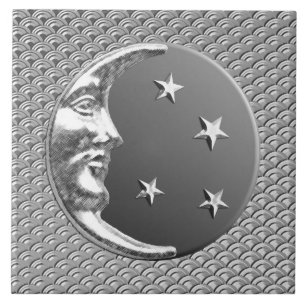Art Deco Moon and stars - Grey / Grey and Silver Tile