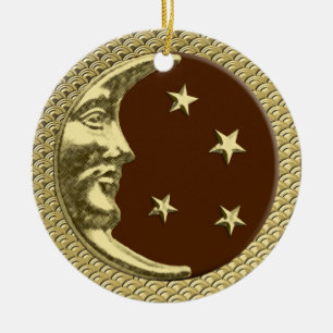 Art Deco Moon and Stars in Chocolate and Gold  Ceramic Tree Decoration