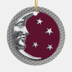 Art Deco Moon and Stars in Wine Red and Silver Ceramic Tree Decoration