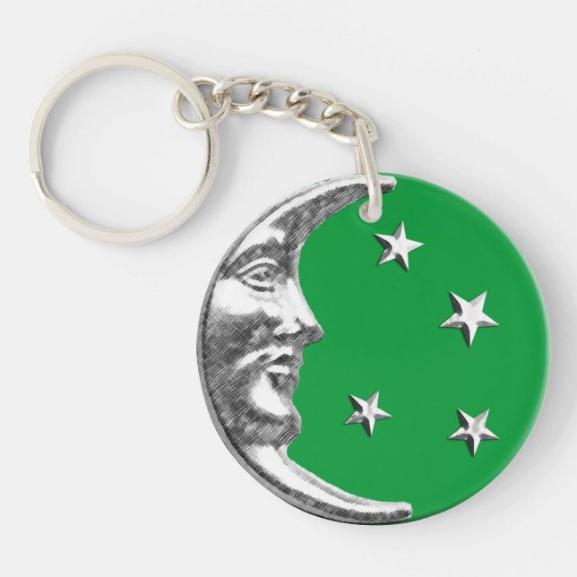 Art Deco Moon and Stars - Jade Green and Silver Key Ring (Front)