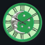 Art Deco Moon and Stars - Jade Green and Silver Large Clock<br><div class="desc">Classic Art Deco moon and stars design in brushed silver with an enamel look,  jade green background</div>