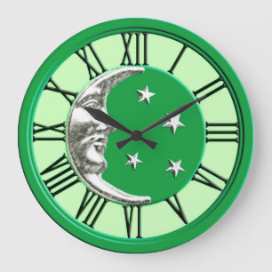 Art Deco Moon and Stars - Jade Green and Silver Large Clock