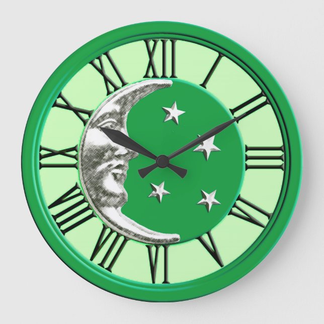 Art Deco Moon and Stars - Jade Green and Silver Large Clock (Front)