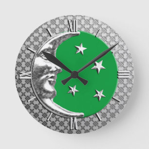 Art Deco Moon and Stars, Jade Green and Silver Round Clock