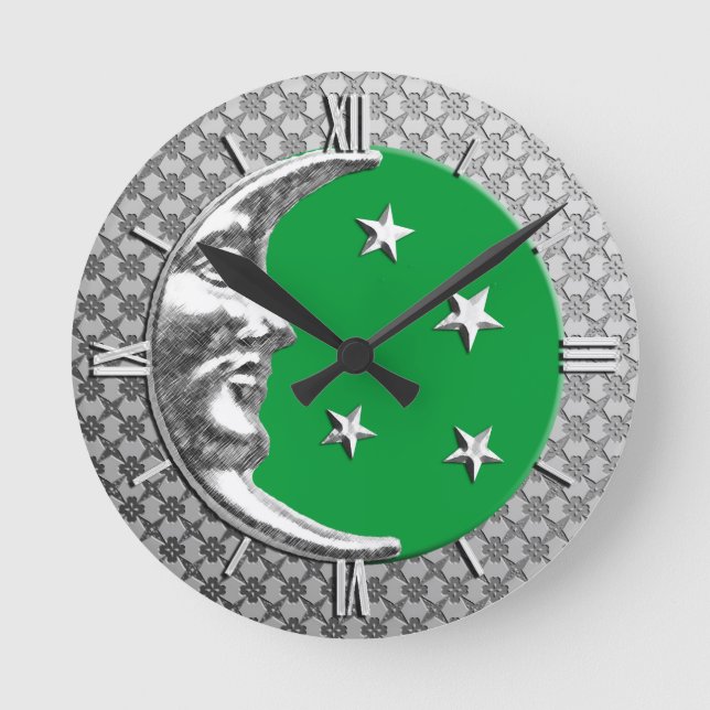 Art Deco Moon and Stars, Jade Green and Silver Round Clock (Front)