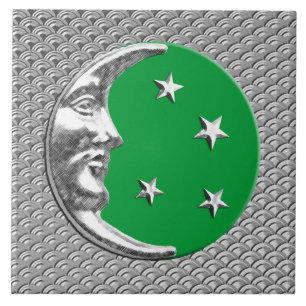 Art Deco Moon and stars - Jade Green and Silver Tile