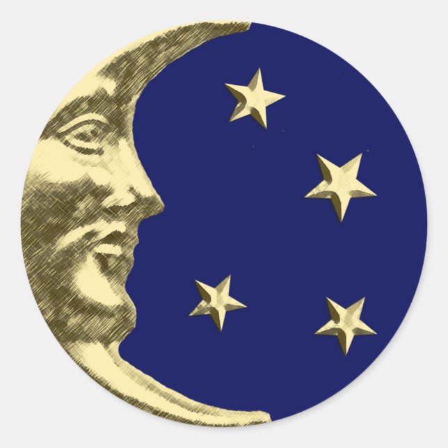 Art Deco Moon and Stars - Navy Blue and Gold Classic Round Sticker (Front)