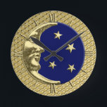 Art Deco Moon and Stars, Navy Blue and Gold Round Clock<br><div class="desc">Clock in a classic Art Deco moon and stars design in brushed silver with an enamel look navy blue / indigo background</div>