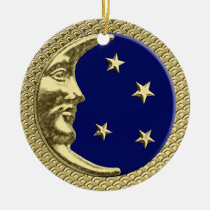Art Deco Moon and Stars Navy on a Gold Background Ceramic Tree Decoration