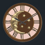 Art Deco Moon and Stars - Peach, Brown & Gold Large Clock<br><div class="desc">Classic Art Deco moon and stars design in brushed gold on enamel look chocolate brown with a peach pink background</div>