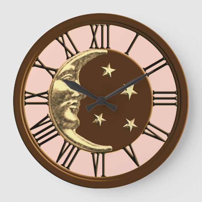 Art Deco Moon and Stars - Peach, Brown & Gold Large Clock (Front)