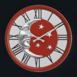 Art Deco Moon and Stars - Red, Grey and Silver Large Clock<br><div class="desc">Classic Art Deco moon and stars design in brushed silver on enamel look,  dark Chinese red with a light silver grey / grey background</div>