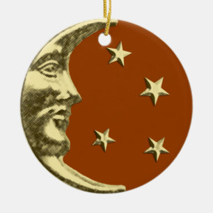 Art Deco Moon and Stars - Rust Brown and Gold Ceramic Tree Decoration