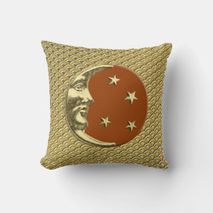 Art Deco Moon and stars - Rust Brown and Gold Cushion