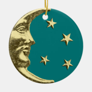 Art Deco Moon and Stars - Teal and Gold Ceramic Tree Decoration