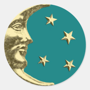 Art Deco Moon and Stars - Teal and Gold Classic Round Sticker