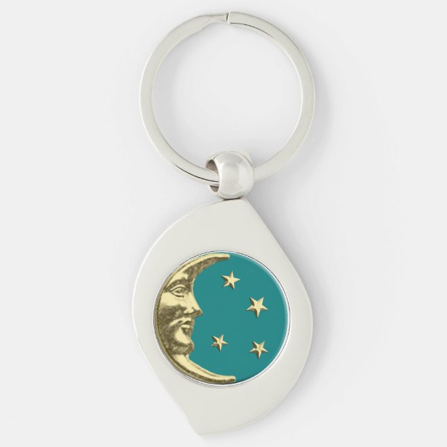 Art Deco Moon and Stars - Teal and Gold Key Ring (Front)