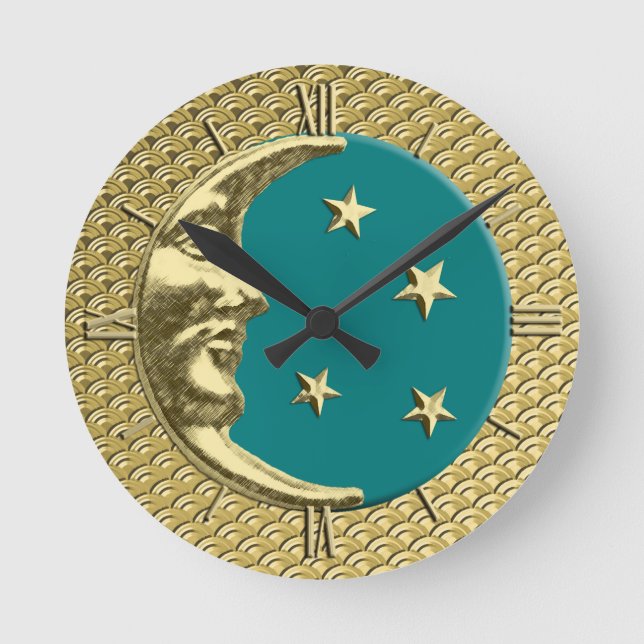 Art Deco Moon and Stars, Teal and Gold Round Clock (Front)