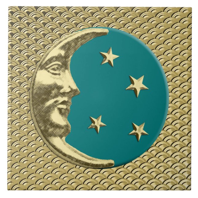 Art Deco Moon and stars - Teal and Gold Tile (Front)