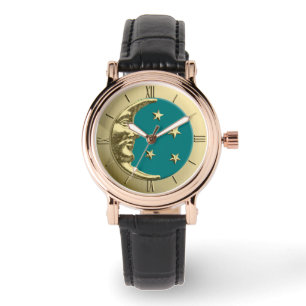 Art Deco Moon and Stars - Teal and Gold Watch