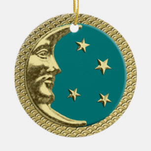 Art Deco Moon and Stars Teal on a Gold Background Ceramic Tree Decoration