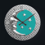 Art Deco Moon and Stars, Turquoise and  Silver Round Clock<br><div class="desc">Clock in a classic Art Deco moon and stars design in brushed silver with an enamel look,  turquoise / peacock background</div>