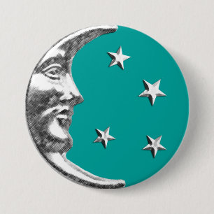 Art Deco Moon and Stars - Turquoise & Silver 7.5 Cm Round Badge