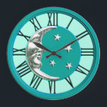 Art Deco Moon and Stars - Turquoise & Silver Large Clock<br><div class="desc">Classic Art Deco moon and stars design in brushed silver on enamel look,  turquoise / peacock with a light turquoise background</div>