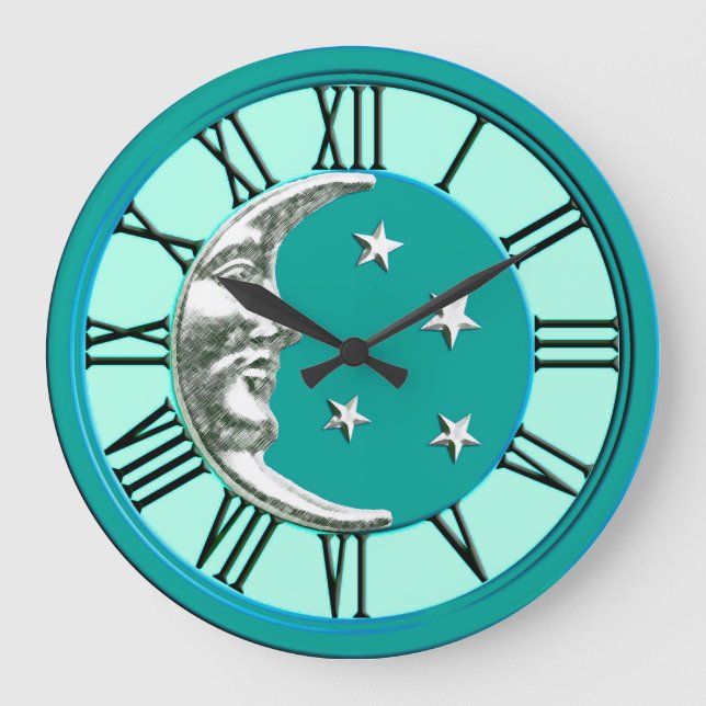 Art Deco Moon and Stars - Turquoise & Silver Large Clock (Front)
