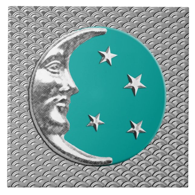 Art Deco Moon and stars - Turquoise & Silver Tile (Front)