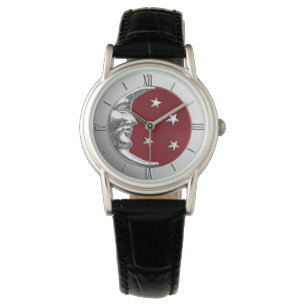 Art Deco Moon Moon and Stars - Dark Red and Silver Watch