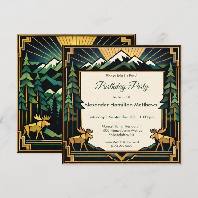Art Deco Mountain Forest Birthday Party Invitation (Front/Back)