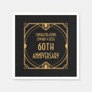 Art Deco Name 60th Wedding Anniversary Gold Black Napkin