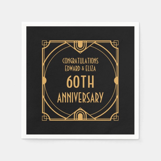 Art Deco Name 60th Wedding Anniversary Gold Black Napkin (Front)