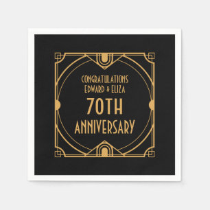 Art Deco Name 70th Wedding Anniversary Gold Black Napkin