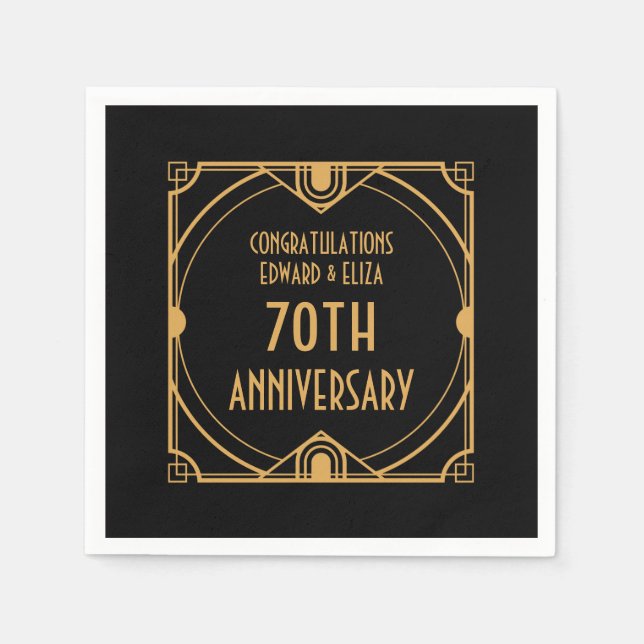 Art Deco Name 70th Wedding Anniversary Gold Black Napkin (Front)