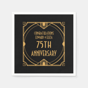 Art Deco Name 75th Wedding Anniversary Gold Black Napkin