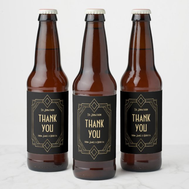 Art Deco Name Recipient Thankyou Favour Black Gold Beer Bottle Label (Bottles)
