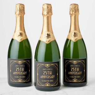 Art Deco Names 25th Anniversary CelebratIon Black Sparkling Wine Label
