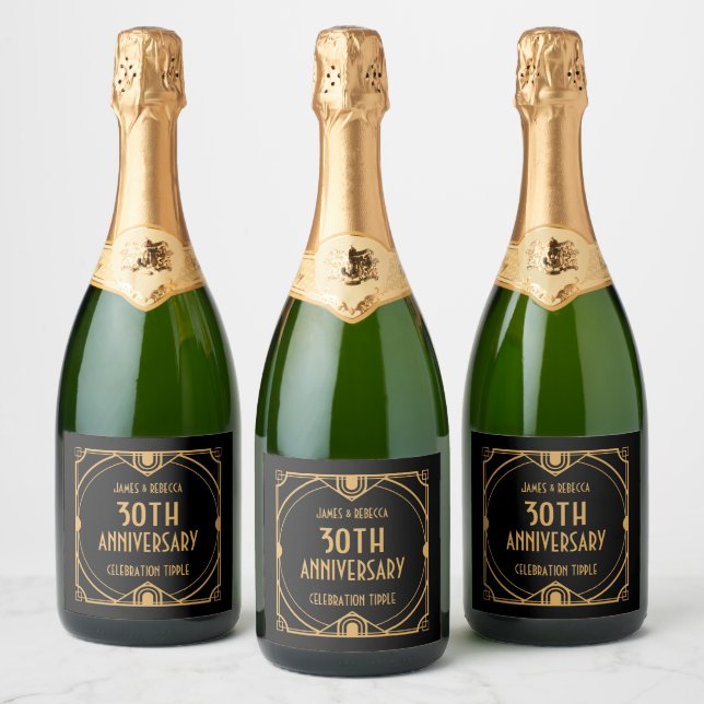 Art Deco Names 30th Anniversary CelebratIon Black Sparkling Wine Label (Bottles)
