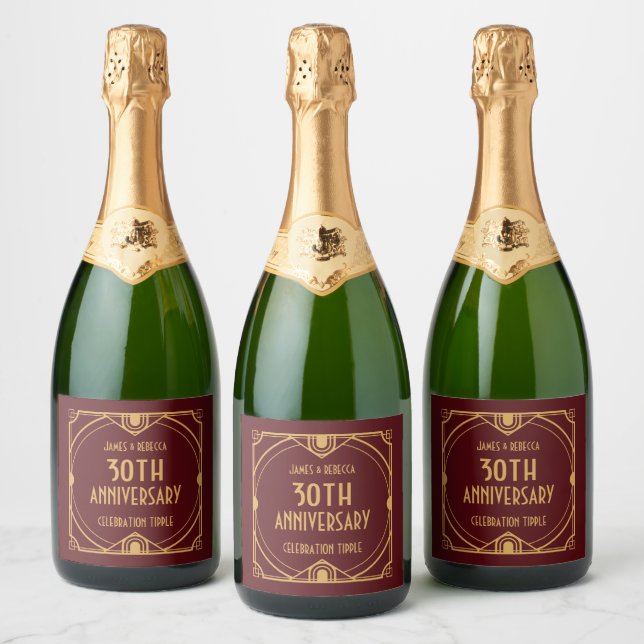 Art Deco Names 30th Anniversary Party Burgundy Sparkling Wine Label (Bottles)