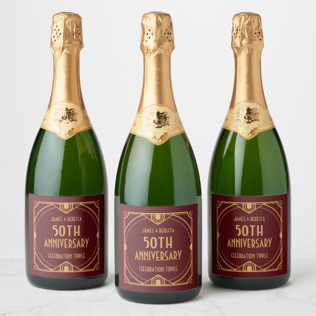 Art Deco Names 50th Anniversary Party Burgundy Sparkling Wine Label (Bottles)