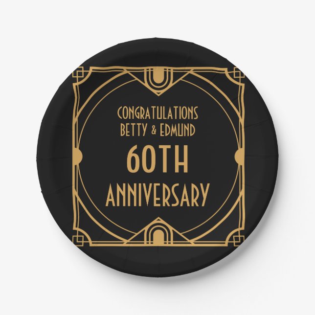 Art Deco Names 60th Wedding Anniversary Black Paper Plate (Front)