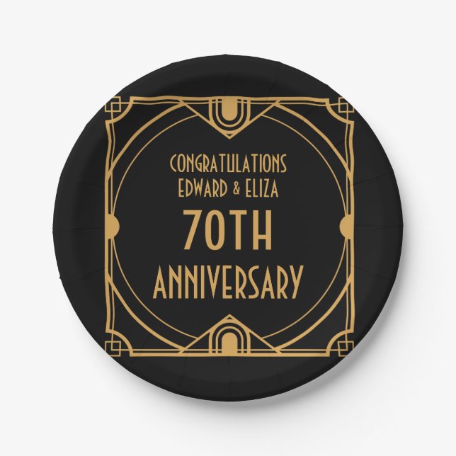 Art Deco Names 70th Wedding Anniversary Black Paper Plate (Front)
