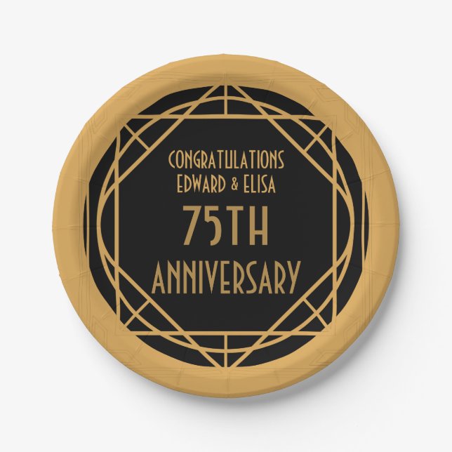 Art Deco Names 75 years Anniversary Gold Black Paper Plate (Front)