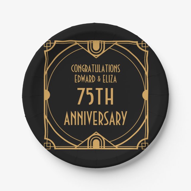 Art Deco Names 75th Wedding Anniversary Black Paper Plate (Front)