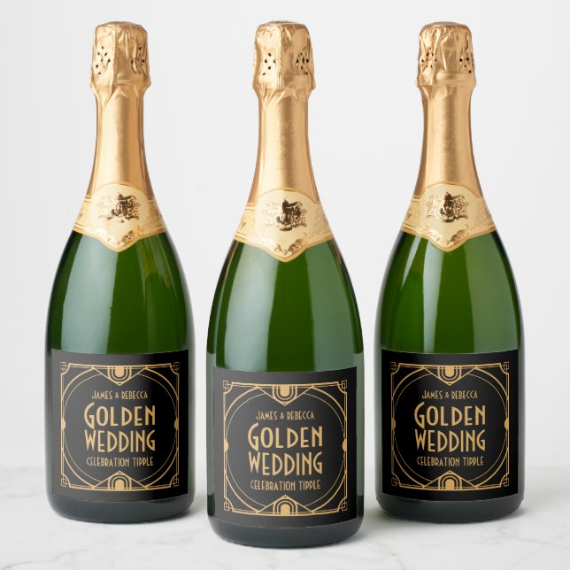 Art Deco Names Golden Wedding CelebratIon Black Sparkling Wine Label (Bottles)