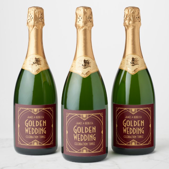 Art Deco Names Golden Wedding Party Burgundy Sparkling Wine Label (Bottles)